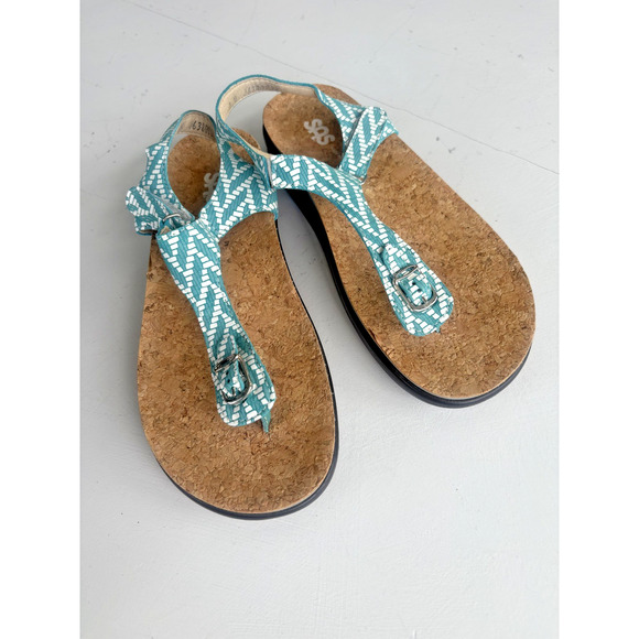 SAS Sandals Womens 8M Marina T-Strap Herringbone Ankle Strap Leather Blue - Picture 1 of 8